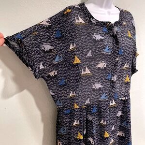 Monoprix Femme Sz 48,L/XL Marine Nautical Boat Beach Print Semi Sheer Navy Dress